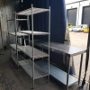 4 X MIXED LOT TO INCLUDE 2 X VOGUE STAINLESS STEEL TABLES 180X90X60CM - 2 X VOGUE 4 TIER SHELVING UNITS - 180X120X45CM