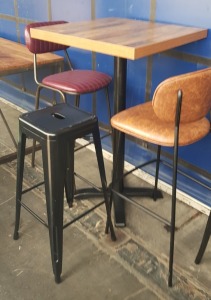 WOODEN BAR TABLE & 3 HIGH BAR STOOLS (ALL ODDMENTS)