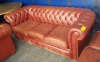 3 SEATER TAN COLOURED BUTTON BACKED LEATHER LOOK SOFA