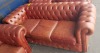 3 SEATER TAN COLOURED BUTTON BACKED LEATHER LOOK SOFA