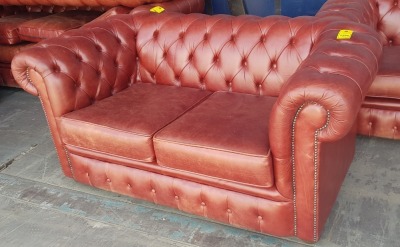 2 SEATER TAN COLOURED BUTTON BACKED LEATHER LOOK SOFA