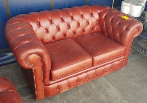 2 SEATER TAN COLOURED BUTTON BACKED LEATHER LOOK SOFA