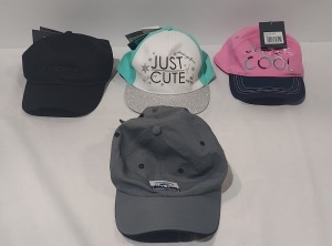 50 X BRAND NEW MIXED CAPS LOT CONTAINING WORLD ATHLETICS CHAMPIONSHIP 2022 IN GREY - JUSTCUTE CAP IN TURQUOISE AND WHITE - JUST BE COOL CAP IN PINK AND BLUE - DEMIX CAP IN BLACK - YOUNG WILD AND FREE CAP IN NAVY BLUE IN ONE TRAY - TRAY NOT INCLUDED