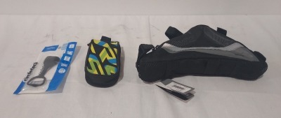 40 X BRAND NEW MIXED BIKE ACCESSORIES LOT CONTAINING MERIDA BIKE LOCK - MORE BIKE SMART T BAG IN BLACK AND GREY - KROSS BAG IN MULTICOLOUR - SHIMANO BIKING GLOVES IN BLACK AND WHITE - BICYCYLE MUDGUARD SET - MERIDA BICYCLE LIGHT SET ETC IN ONE TRAY - TRA