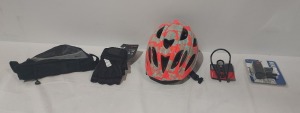 50 X BRAND NEW MIXED BIKE LOT CONTAINING LAZER NUTS BIKE HELMET IN ORANGE FLORAL - ZEFAL BIKE MIRROR - FILA SKATE BEARINGS - BRAKE PADS - MORE BIKE BICYCLE BAG - DEMIX FITNESS GLOVES - 26 CST INNER TUBE - MTR FRONT AND REAR BICYCLE LIGHTS ETC IN ONE TRAY 