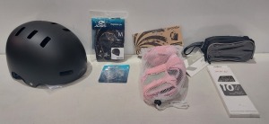 140 X BRAND NEW MIXED SPORTS EQUIPMENT LOT CONTAINING BELL LOCAL HELMET IN MATTE BLACK - HEAD WRISTBANDS IN BLACK - JOSS SWIMMING CAPS IN BLACK SIZE MEDIUM - JOLSS EARPLUGS - KROSS TOP BAGS - PYC CHAIN - SPOKEY SKATEBOARDING PADS SET IN PINK ETC IN THREE 