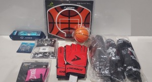 150 X BRAND NEW MIXED SPORTS ACCESSORIES LOT CONTAINING MASTERS FIGHT EQUIPMEMT TRAINING MMA GLOVES - JOSS EARPLUGS - JOSS SWIMMING GOGGLES - DEMIX MINI BASKETBA;LL SET - DEMIX GOALIE GLOVES IN RED AND BLACK - KIDS MASTER TRAINING LEG PADS - EVERLAST FITN