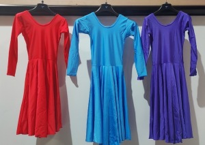 39 X BRAND NEW MIXED BALLROOM DANCEWEAR LOT CONTAINING 16 LONG SLEEVED PLAIN FRONT SKIRT IN CORNFLOWER SIZES INCLUDE 10 IN SIZE 2 - 6 IN SIZE 3A - 12 LONG SLEEVED PLAIN FROMNT SKIRT IN COLOUR RED SIZES INCLUDE 6 IN SIZE 2 - 5 IN SIZE 1 - 1 IN SIZE 3A - 11