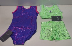 52 X BRAND NEW KIDS MIXED GYM/ DANCE SETS LOT INCLUDING 45 CROP TOP AND SHORTS NYLON LYORA IN PURPLE TWISTER SIZES INCLUDE 36 IN SIZE 2 - 9 IN SIZE 1 - 7 CROP TOP SHORTS NYLON NYLON IN FLOW GREEN SCRAMBLE IN SIZE 1