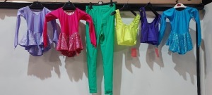 58 X BRAND NEW MIXED DANCEWEAR LOT CONTAINING 14 STIRRUP TIGHTS IN COLOUR VERT - SIZES INCLUDE 7 IN SIZE 3 - 2 IN SIZE 3A - 2 IN SIZE 5 - 1 IN SIZE 4 - 1 IN SIZE 1 IN 1 IN SIZE 0 - 8 CROP TOPS SLEEVELESS VEST IN FLOW YELLOW IN SIZE 5 - 2 SLEEVLESS CATSUIT