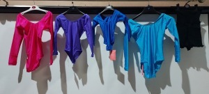 57 X BRAND NEW MIXED KIDS DANCEWEAR LOT CONTAINING LONG SLEEVED LEOTARD IN KINGFISHER SIZES INCLUDE 6 IN SIZE 0 - 7 IN SIZE 3 - 10 IN SIZE 4 - LONG SLEEVED LEOTARD IN CERISE PEONY SIZES INCLUDE 7 IN SIZE 4 - 2 IN SIZE 0 - BODY WARM UP SHORTS IN MEDIUM CO