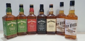 7 X BRAND NEW MIXED ALCOHOL LOT CONTAINING 2 JACK DANIELS ORIGINAL APPLE WHISKEY 70CL 35% - 1 JACK DANIELS CINNAMON SPICE 70CL 35% - 1 JACK DANIELS SOUR MASH WHISKEY 40% 70CL - 1 JACK DANIELS HONEY 35% 70CL - 2 IRON WHEELS KENTUCKY STRAIGHT BOURBON WHISKE