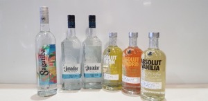 6 X BRAND NEW MIXED ALCOHOL LOT CONTAINING - 1 ABSOLUT VODKA VANILLA 38% 70CL - 1 ABSOLUT VODKA CITRON 40% 70CL - 1 ABSOLUT VODKA MANDRIN 40% - 70CL - 1 SAGATIBA 38% 70CL - 2 EL JIMADOR TEQUILLA 38% 70CL