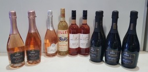 13 X BRAND NEW MIXED WINE LOT CONTAINING LILLET BLANC 17% 750ML - 2 MONTERREY BAY CALIFORNIA 10.5 % 750ML - 6 FAMIGLIA BOTTER PROSECCO 10.5% 750ML - EMOTIVO PROSECCO 10.5% 75CL - 3 FAMIGLIA BOTTER PROSECCO 10.5% 750ML