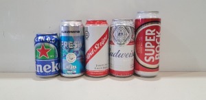 65 X BRAND NEW MIXED BEERS/DRINKS LOT CONTAINING 39 RED STRIPE 4.7% 440ML - 10 SUPER BOCK 5.2% - 1 BUDWEISER 4.5% - 9 CLOUDWATER 0.5% ABV - 6 HEINEKEN ALCOHOL FREE CANS IN TWO TRAYS - TRAYS NOT INCLUDED