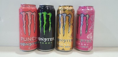 80 X BRAND NEW MIXED MONSTER ENERGY DRINK LOT CONTAINING 24 ULTRA ROSA FLAVOUR - 24 ULTRA GOLD FLAVOUR - 16 PIPELINE PUNCH FLAVOUR - 16 MONSTER ENERGY ORIGINAL - ALL 500 ML - IN 2 TRAYS - TRAYS NOT INCLUDED