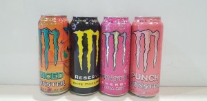 80 X BRAND NEW MIXED MONSTER ENERGY DRINK LOT CONTAINING 24 WHITE PINEAPPLE FLAVOUR - 24 KHAOTIC TROPICAL ORANGE FLAVOUR - 16 ULTRA ROSA FLAVOUR - 16 PIPELINE PUNCH FLAVOUR - ALL 500 ML - IN TWO TRAYS - TRAYS NOT INCLUDED