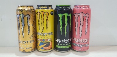 80 X BRAND NEW MIXED MONSTER ENERGY DRINK LOT CONTAINING 50 ULTRA GOLD FLAVOUR - 27 PIPELINE PUNCH FLAVOUR - 2 ROSSI THE DOCTOR FLAVOUR - 1 MONSTER ENERGY ORIGINAL ZERO SUGAR - ALL 500 ML - IN TWO TRAYS - TRAYS NOT INCLUDED