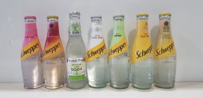 171 X BRAND NEW MIXED DRINKS LOT CONTAINING 43 SCHWEPPES SLIMLINE TONIC WATER 200ML - 41 SCHWEPPES INDIAN TONIC WATER 200ML - 23 SCHWEPPES GINGER BEER 200ML - 17 SCHWEPPES SLIMLINE ELDERFLOWER - 12 SCHWEPPES PINK SODA 200ML - 12 SCHWEPPES PEACH COCONUT 20