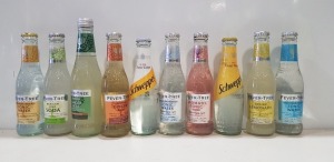 175 X BRAND NEW MIXED DRINKS LOT CONTAINING 44 FEVERTREE AROMATIC TONIC WATER 200ML - 21 SCHWEPPES SLIMLINE TONIC WATER - 36 FEVERTREE MEXICAN LIME SODA - 8 FEVERTREE PREMIUM LEMONADE - 14 FEVERTREE PREMIUM INDIAN TONIC WATER LIGHT - 9 FEVERTREE MEDITERRE