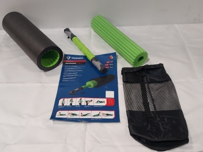 48 X BRAND NEW TORNEO 3 IN 1 MASSAGE ROLLER TO INCLUDE 1 X GRAY ROLLER WITH SMOOTH TEXTURE 1 X GREEN YOGA ROLLER 1 X GREEN MASSAGE STIK WITH 4 MOVABLE MASSAGE HEADS - IN 4 LARGE BOXES