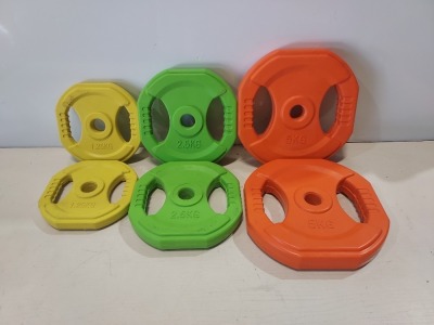 5 X BRAND NEW EVERLAST SET OF 6 RUBBER HEX WEIGHT PLATES - EACH BOX TO INCLUDE 2 X 5 KG / 2 X 2.5 KG / 2 X 1.25 KG - IN 5 BOXES