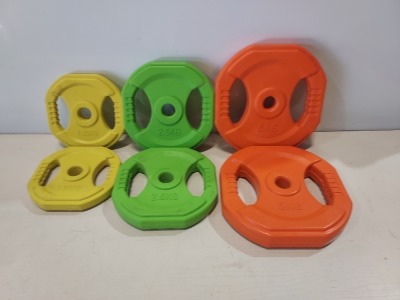 5 X BRAND NEW EVERLAST SET OF 6 RUBBER HEX WEIGHT PLATES - EACH BOX TO INCLUDE 2 X 5 KG / 2 X 2.5 KG / 2 X 1.25 KG - IN 5 BOXES