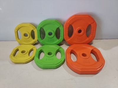 5 X BRAND NEW EVERLAST SET OF 6 RUBBER HEX WEIGHT PLATES - EACH BOX TO INCLUDE 2 X 5 KG / 2 X 2.5 KG / 2 X 1.25 KG - IN 5 BOXES