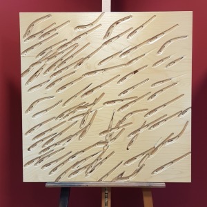 LEICESTERSHIRE WOODEN ART PANEL ABSTRACT - SHOAL OF SMALL FISH 80CM X 80CM