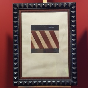 B. KALL MIXED MEDIA ABSTRACT, RECTANGLE IN BLACK AND BROWN AND CREAM DIAGONAL STRIPES, ON CREAM SURROUND SIGNED , 70CM X 50CM