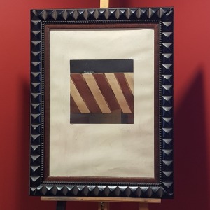 B. KALL MIXED MEDIA RECTANGLE IN BLACK AND BROWN AND CREAM DIAGONAL STRIPES ON A CREAM SURROUND SIGNED, 70CM X 50CM