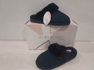 12 X BRAND NEW IVORY CASTLE LADIES FLUFFY SLIPPERS IN BLUE / NAVY BLUE ALL IN SIZE 4 / 37 IN ONE BOX