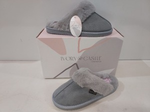 12 X BRAND NEW IVORY CASTLE LADIES FLUFFY SLIPPERS IN GREY ALL IN SIZE 4 / 37 IN ONE BOX