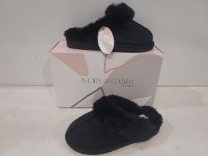 12 X BRAND NEW IVORY CASTLE LADIES FLUFFY SLIPPERS IN BLACK ALL IN SIZE 4 / 37 IN ONE BOX