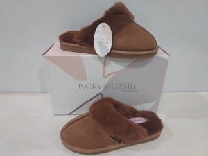 12 X BRAND NEW IVORY CASTLE LADIES FLUFFY SLIPPERS IN CAMEL BLUE ALL IN SIZE 4 / 37 IN ONE BOX