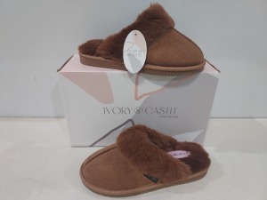 12 X BRAND NEW IVORY CASTLE LADIES FLUFFY SLIPPERS IN CAMEL ALL IN SIZE 4 / 37 IN ONE BOX