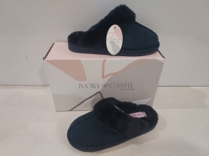 12 X BRAND NEW IVORY CASTLE LADIES FLUFFY SLIPPERS IN BLUE / NAVY BLUE ALL IN SIZE 5 / 38 IN ONE BOX