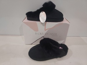 12 X BRAND NEW IVORY CASTLE LADIES FLUFFY SLIPPERS IN BLACK BLUE ALL IN SIZE 5 / 38 IN ONE BOX