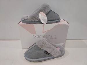 12 X BRAND NEW IVORY CASTLE LADIES FLUFFY SLIPPERS IN GREY ALL IN SIZE 5 / 38 IN ONE BOX