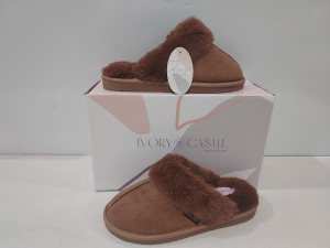 12 X BRAND NEW IVORY CASTLE LADIES FLUFFY SLIPPERS IN CAMEL ALL IN SIZE 5 / 38 IN ONE BOX