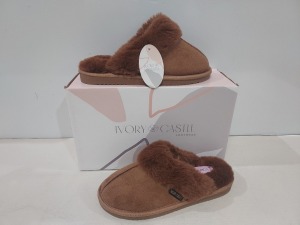 12 X BRAND NEW IVORY CASTLE LADIES FLUFFY SLIPPERS IN CAMEL ALL IN SIZE 6 / 39 IN ONE BOX