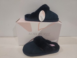 12 X BRAND NEW IVORY CASTLE LADIES FLUFFY SLIPPERS IN NAVY BLUE ALL IN SIZE 6 / 39 IN ONE BOX