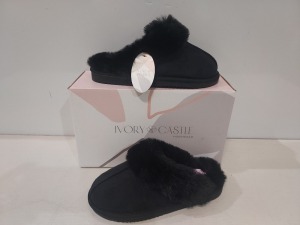 12 X BRAND NEW IVORY CASTLE LADIES FLUFFY SLIPPERS IN BLACK ALL IN SIZE 6 / 39 IN ONE BOX