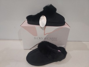 12 X BRAND NEW IVORY CASTLE LADIES FLUFFY SLIPPERS IN BLACK ALL IN SIZE 6 / 39 IN ONE BOX