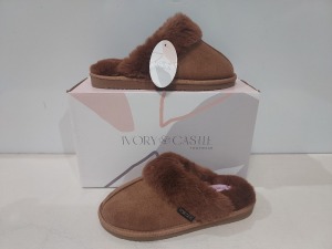 12 X BRAND NEW IVORY CASTLE LADIES FLUFFY SLIPPERS IN CAMEL ALL IN SIZE 7 / 40 IN ONE BOX