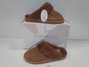 12 X BRAND NEW IVORY CASTLE LADIES FLUFFY SLIPPERS ALL IN STYLE NAME EVE IN COLOUR CAMEL ALL IN SIZE 5 / 38 IN ONE BOX