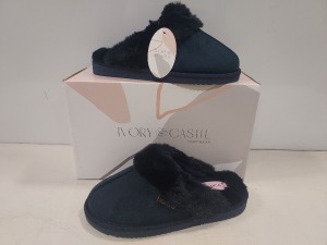 12 X BRAND NEW IVORY CASTLE LADIES FLUFFY SLIPPERS ALL IN STYLE NAME EVE IN COLOUR NAVY ALL IN SIZE 6 / 39 IN ONE BOX