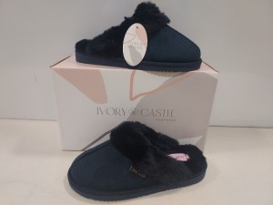 12 X BRAND NEW IVORY CASTLE LADIES FLUFFY SLIPPERS ALL IN STYLE NAME EVE IN COLOUR NAVY ALL IN SIZE 4 / 37 IN ONE BOX