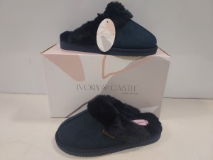 12 X BRAND NEW IVORY CASTLE LADIES FLUFFY SLIPPERS ALL IN STYLE NAME EVE IN COLOUR NAVY ALL IN SIZE 5 / 38 IN ONE BOX