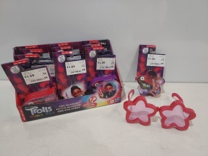 720 X BRAND NEW DREAMWORKS TROLLS KIDS STAR SHAPE GLASSES WITH TINY DANCERS FOR YOUR FINGERS - IN 60 BOXES OF 12